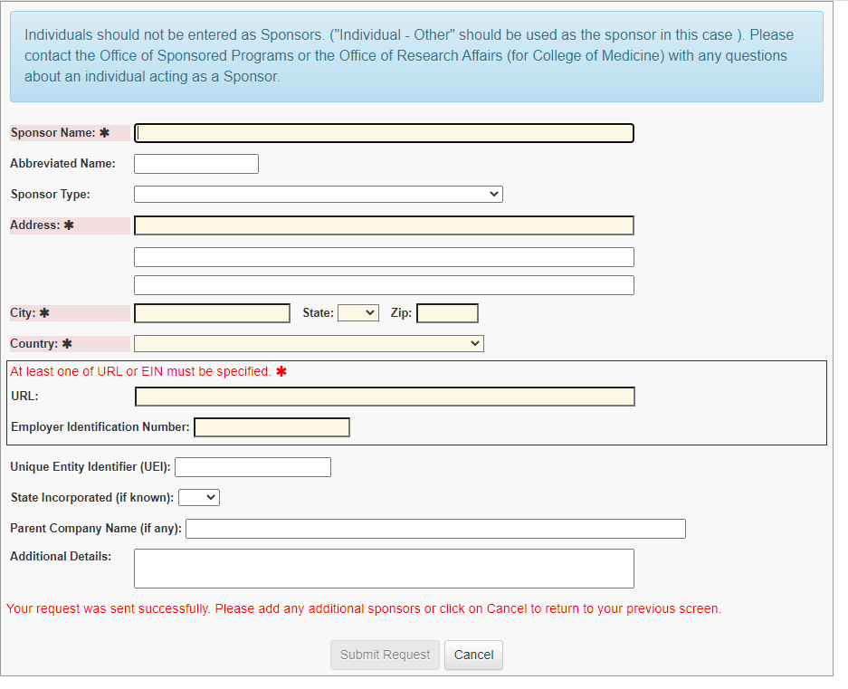 Empty Request Add Sponsor Form.