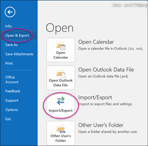 The Import and Export button in Outlook.
