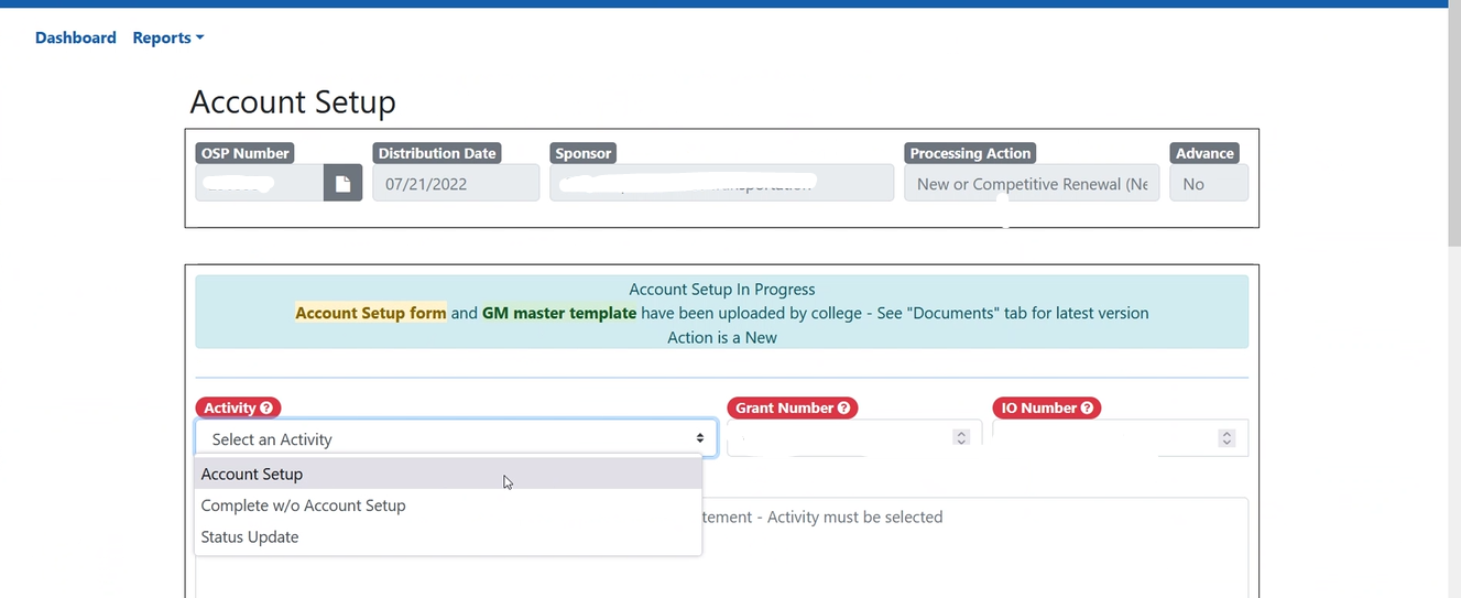 Account Setup processing view for in-progress setups.