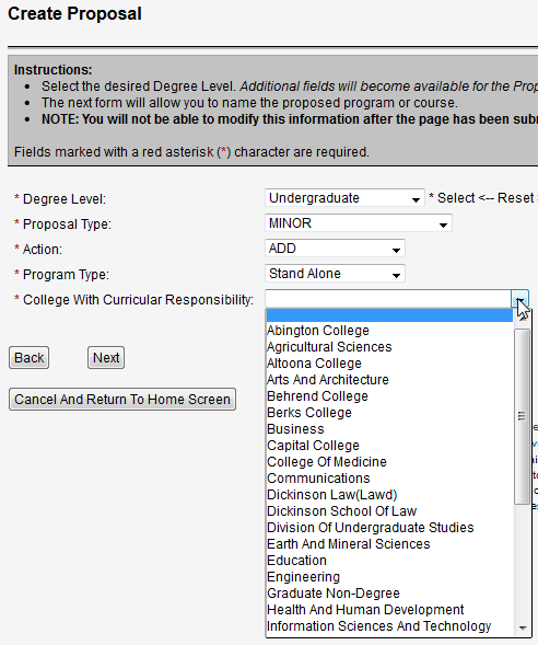Screen capture of Create Proposal screen with Minor and Add selected.