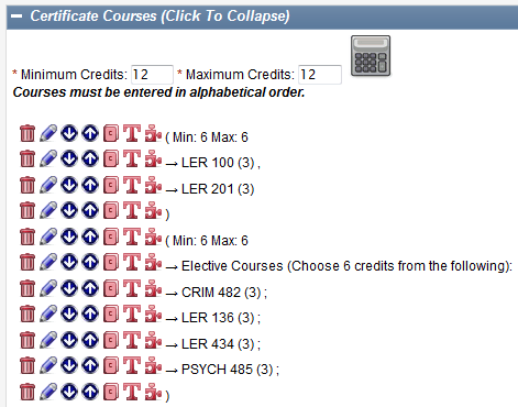 Screen capture of completed list of groups, min and max units, and courses.