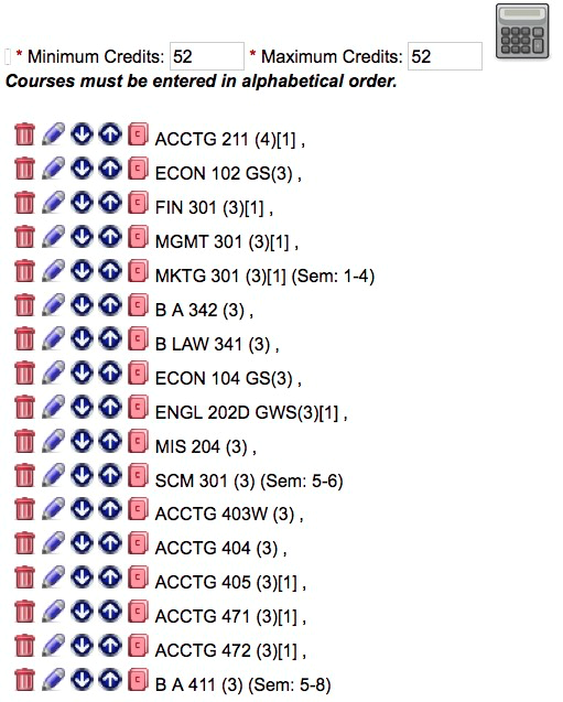 Screen capture of completed list of semesters 5-8 courses.