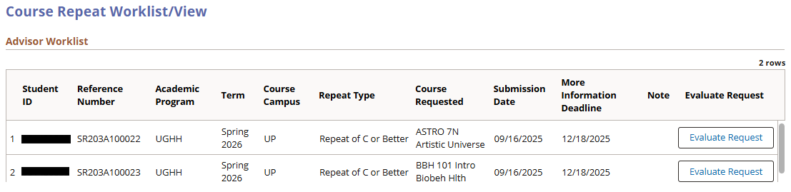 Course Repeat Worklist/View page showing requests in the Advisor Worklist