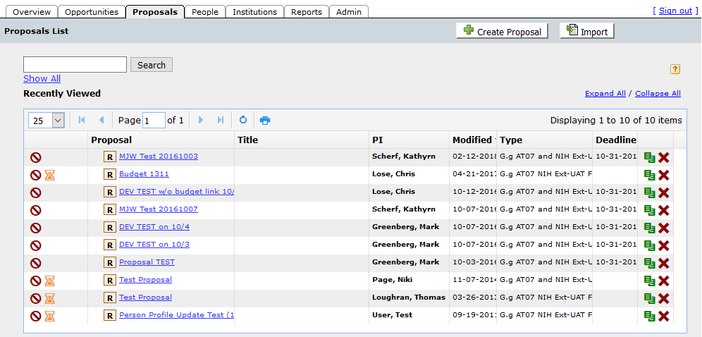 Cayuse Proposals Tab showing list of proposals that can be acted upon.