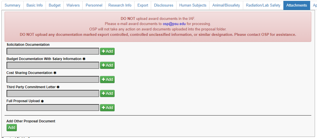 Attachments tab showing fields where documents may be uploaded.