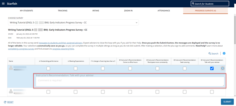 Starfish progress survey with additional comments highlighted