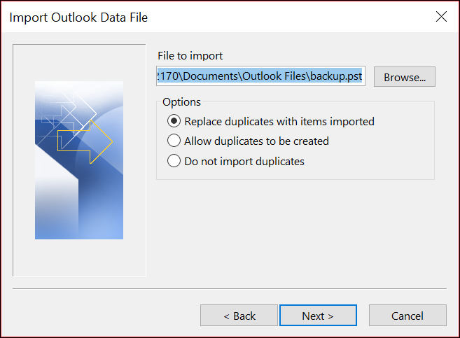A screenshot of the Import Outlook Data File screen.