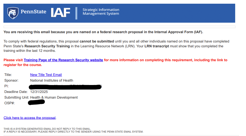 Email indicates requirements related to research security training.