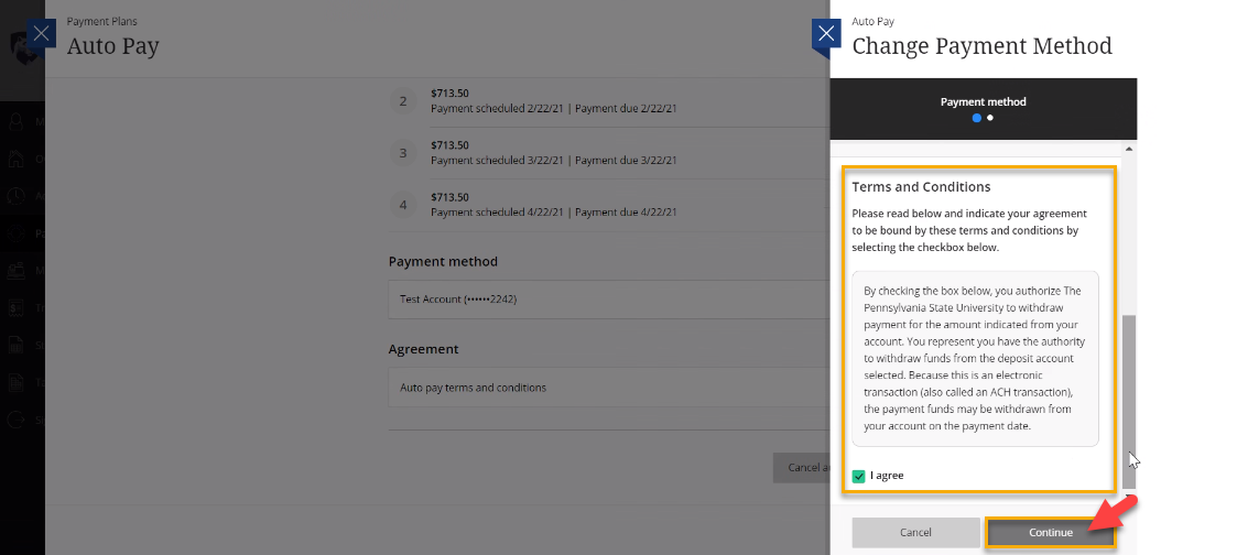 Screenshot of confirmation of Change Payment method page