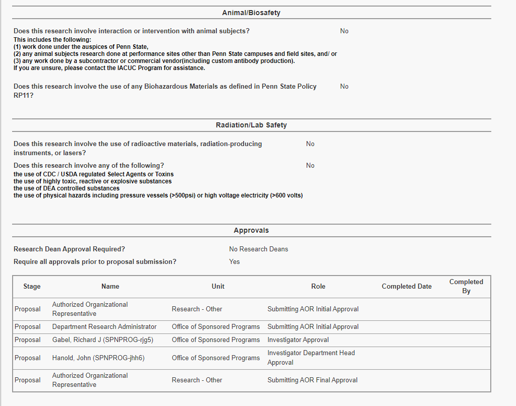 Animal/Biosafety, Radiation/Lab Safety, and Approvals sections on IAF Summary