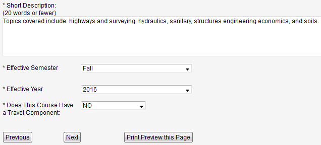 Screen capture of last portion of Course Information screen with the Short Description, Effective Semester, Effective Year, and Travel Component fields.