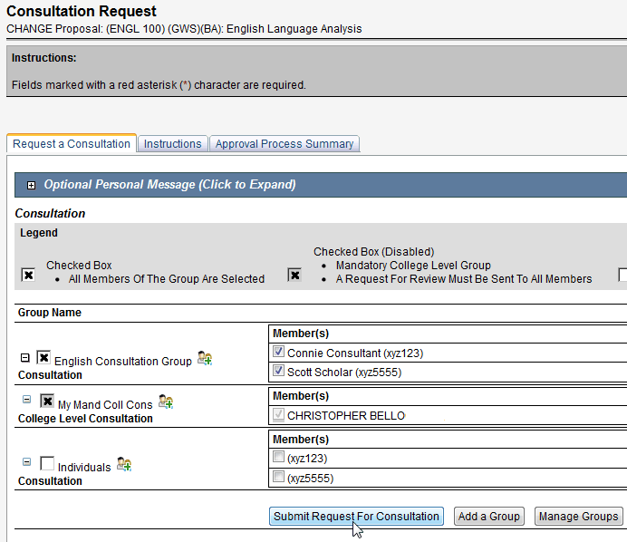 Screen capture of consultation group checked and Submit Request for Consultation button.