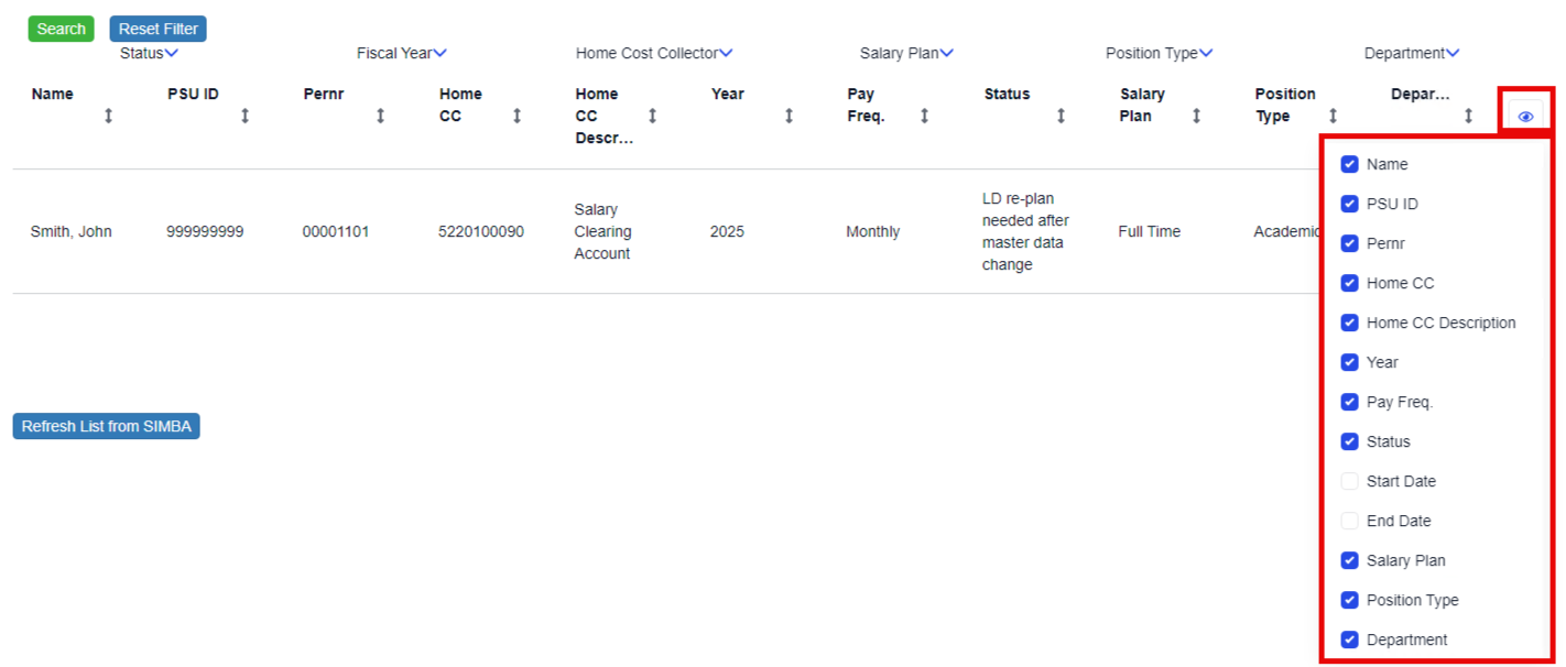 Selecting data columns to view.