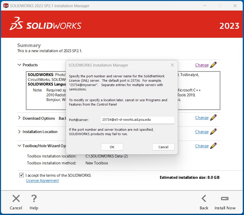 specify the port number and server name