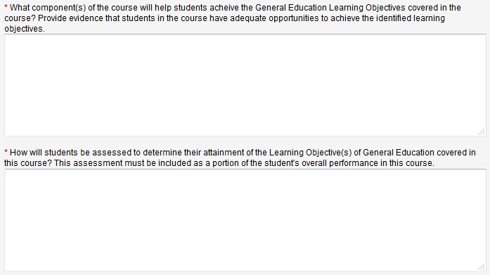 Screen capture of questions on what components of the course will help students achieve the General Education Learning Objectives and how they will be assessed to determine their attainment of the objectives.