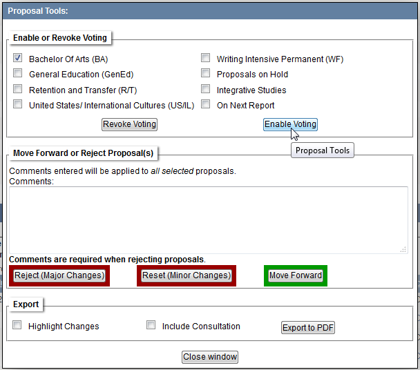 Screen capture of Proposal Tools dialogue box with General Education committee check box selected and Enable Voting button being clicked.