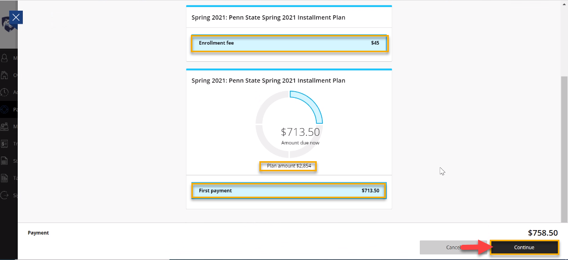 Screenshot of Payment Plan Enrollment page showing enrollment fee amount, plan amount, and first payment amount