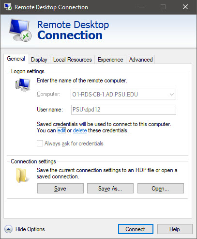Remote Desktop Connection General tab