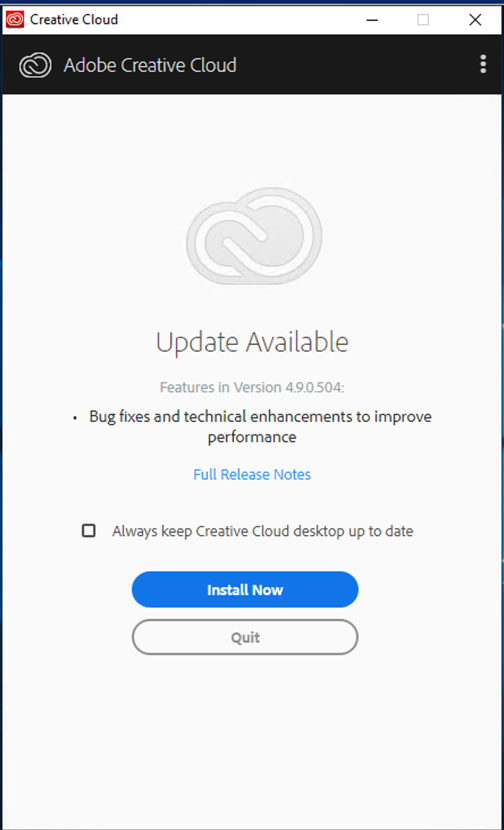 Update Available for Adobe Creative Cloud message