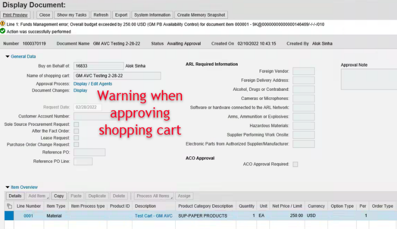 Shopping cart approval warning