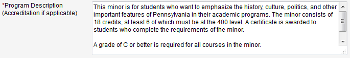 Screen capture of Program Description text area.