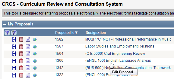 Screen capture of selecting the Designation of a proposal in My Proposals section of Home page.