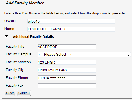 Screen capture of Additional Faculty Details panel with editable fields.