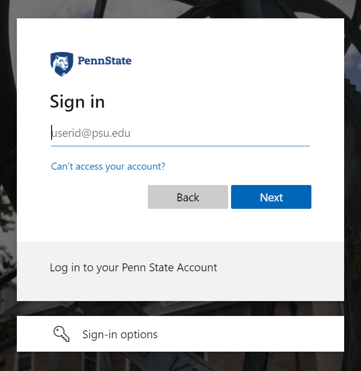 The Penn State sign in screen.