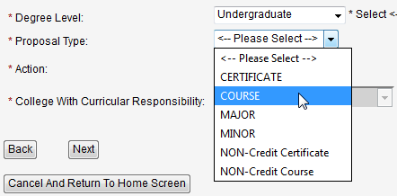 Screen capture of Proposal Type pull-down menu with Course selected.