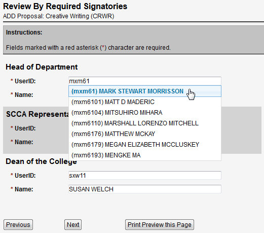 Screen capture of Review By Required Signatories screen.