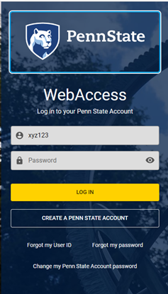 Penn State WebAccess login screen.