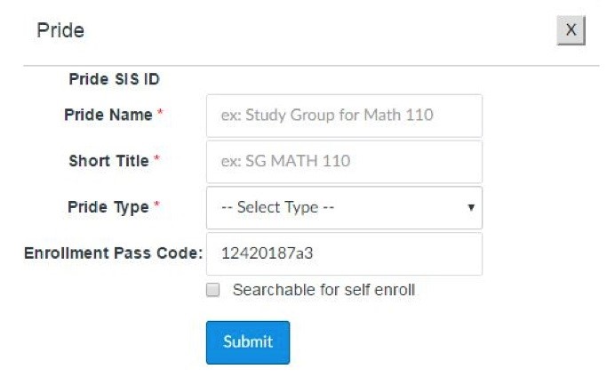 Screen capture of pop-up menu with Pride Name, Short Title, Pride Type, and Searchable for self enroll fields, a pass code, and Submit button.