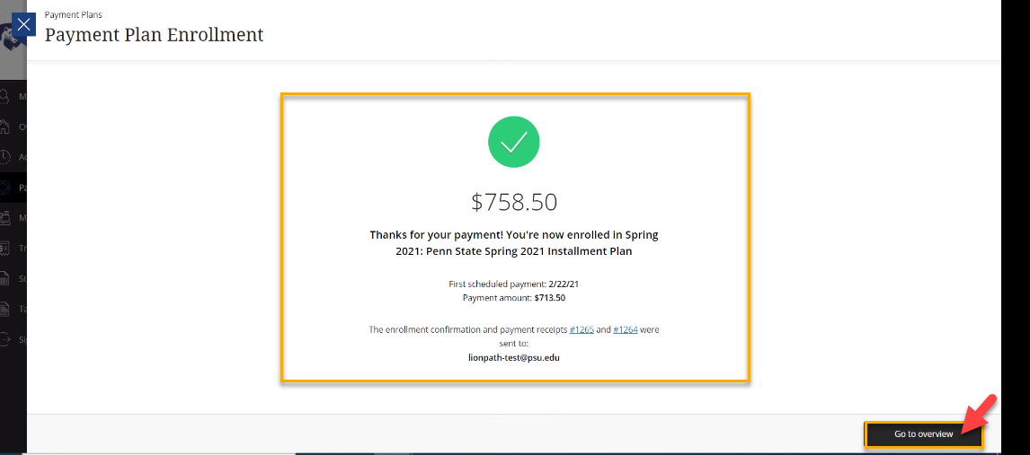 Screenshot of confirmation message