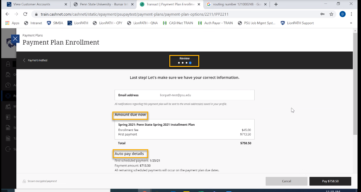 Screenshot of Payment Plan Enrollment page summary