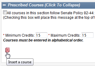 Screen capture of Prescribed Courses section with book icon to insert a course.