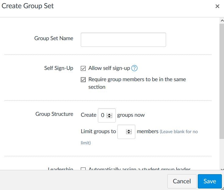 Screen capture of Create Group Set screen.