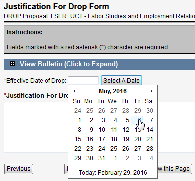 Screen capture of Justification For Drop Form with Select A Date tool.