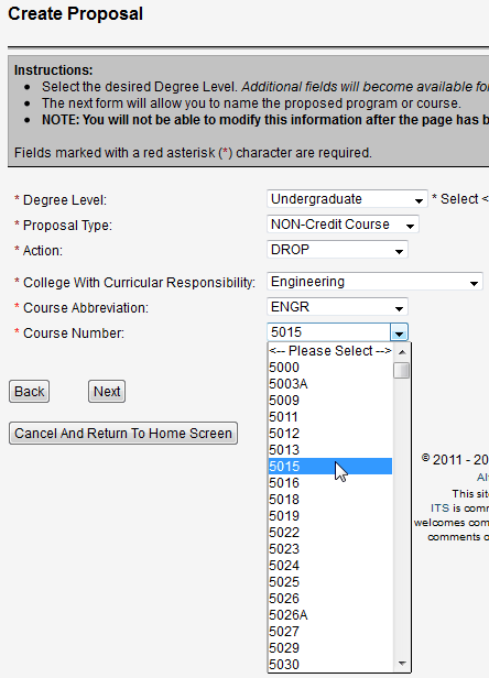 Screen capture of Create Proposal screen with undergraduate, non-credit course, drop, engineering, the abbreviation, and number selected.