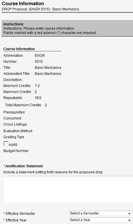 Course Information screen with Justification Statement, Effective Semester, and Effective year fields.