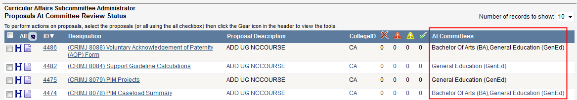 Screen capture of Proposals At Committee Review Status list with At Committees column indicated.