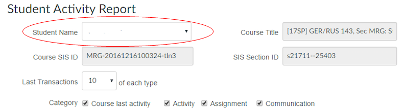 Screen capture of Student Activity Report screen with Student Name pull-down menu indicated.