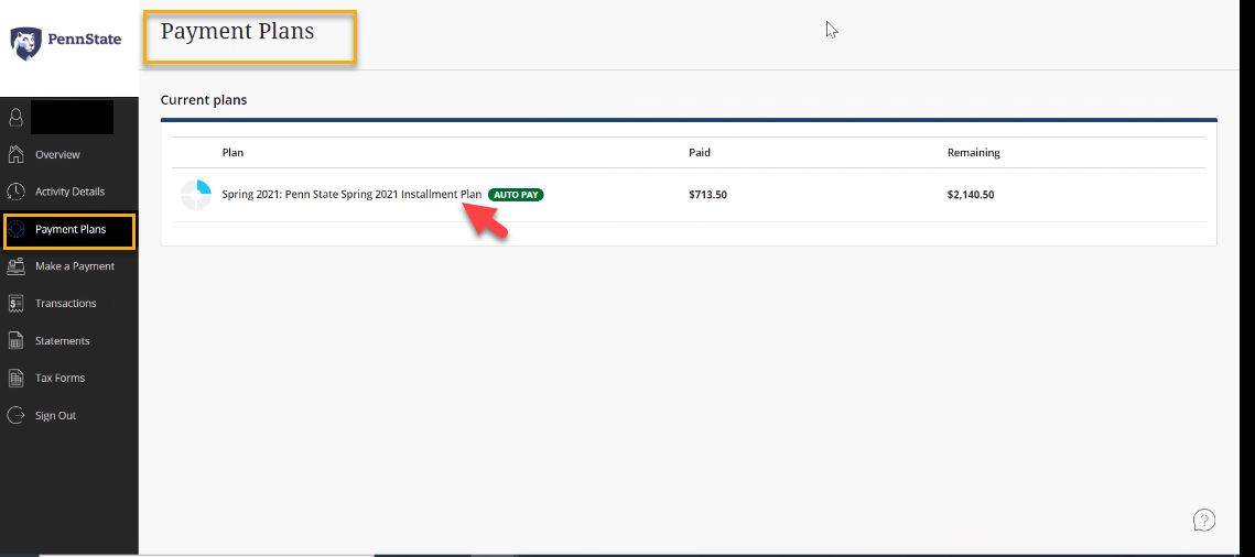 Screenshot of Payment Plans page