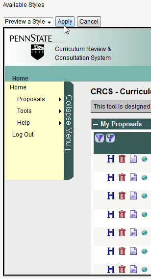 Screen capture of preview of home page with the sea green theme and Apply button being clicked.