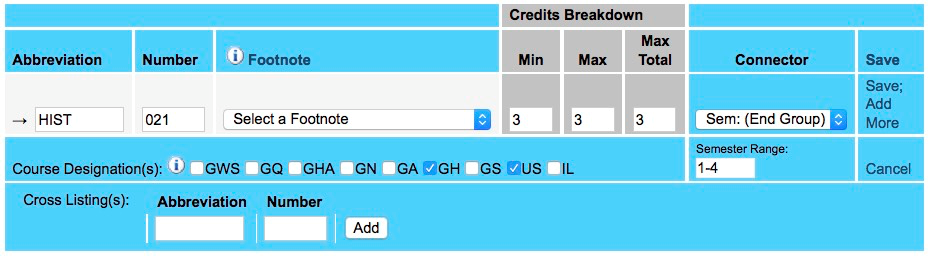 Screen capture of Semester Range field.