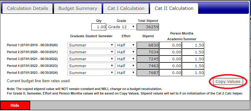 Cat II Calc Helper tool with the "Copy Values" button circled in red.