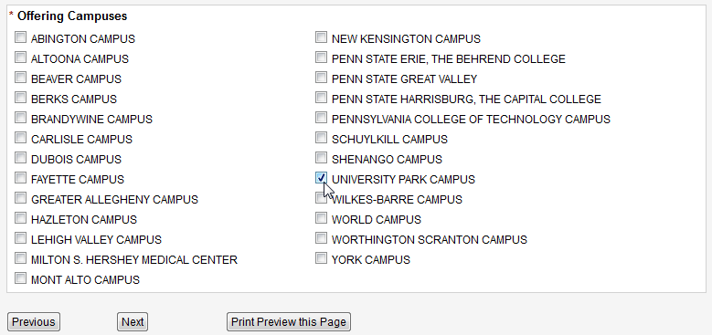 Screen capture of Offering Campuses list of campuses with check boxes.