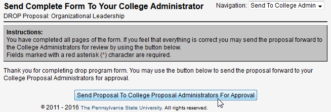 Screen capture of Send Complete Form To Your College Administrator screen.