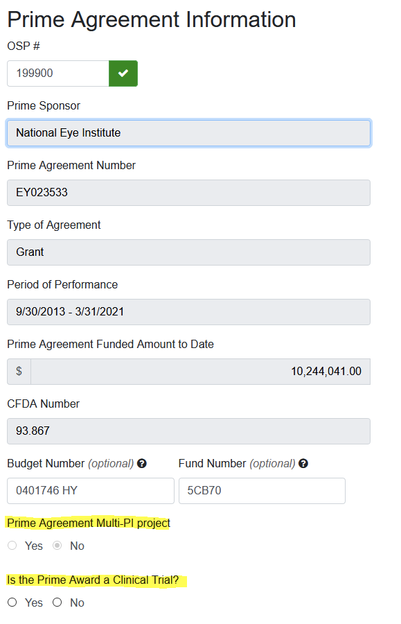 Prime Agreement Information Populated due to OSP Lookup