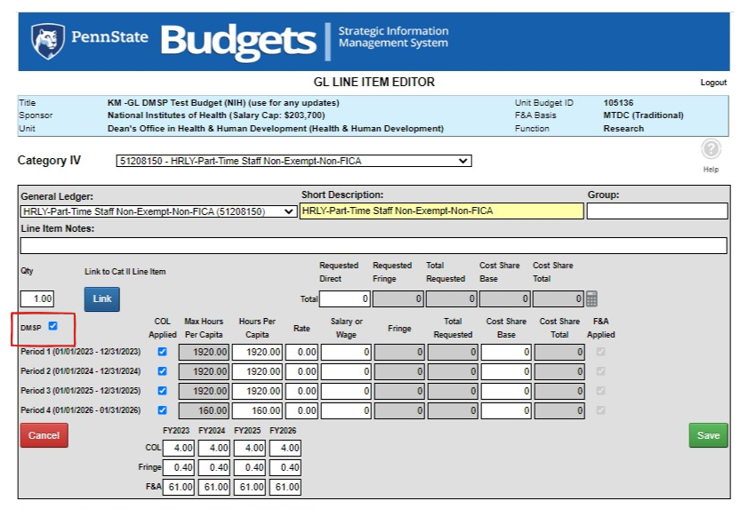 DMSP checkbox checked on the Category IV GL line item editor view.