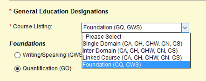 Screen capture of General Education Designations section.